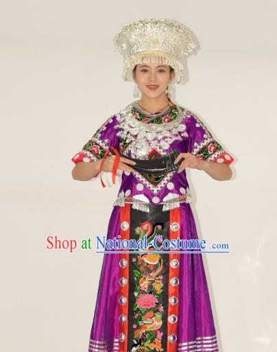 Chinese Miao Nationality Clothing Hmong Minority Folk Dance Purple Dress Ethnic Festival Garment Outfits and Headwear