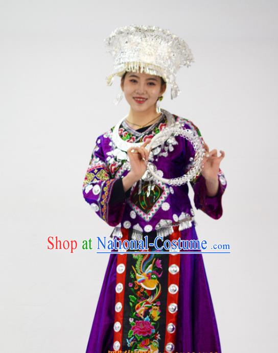 Chinese Ethnic Festival Garment Outfits Miao Nationality Clothing Hmong Minority Folk Dance Purple Dress and Silver Jewelry