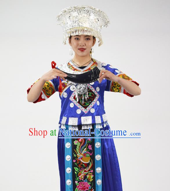 Chinese Hmong Minority Folk Dance Royalblue Dress Ethnic Festival Garment Outfits Miao Nationality Clothing and Silver Headwear