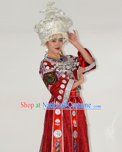 Chinese Miao Nationality Bride Clothing Hmong Minority Red Dress Ethnic Wedding Garment Outfits and Silver Hat