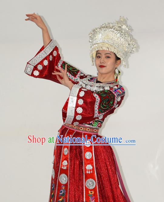 Chinese Miao Nationality Bride Clothing Hmong Minority Red Dress Ethnic Wedding Garment Outfits and Silver Hat