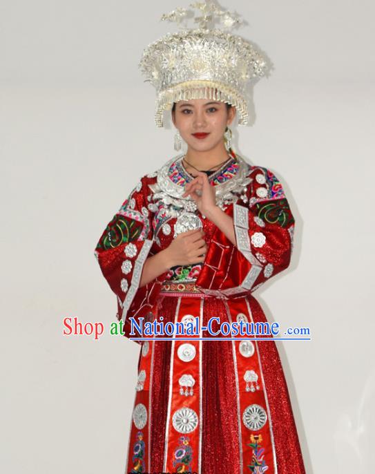 Chinese Miao Nationality Bride Clothing Hmong Minority Red Dress Ethnic Wedding Garment Outfits and Silver Hat