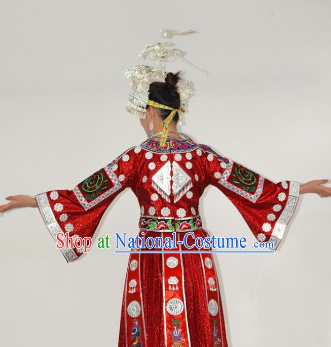 Chinese Miao Nationality Bride Clothing Hmong Minority Red Dress Ethnic Wedding Garment Outfits and Silver Hat