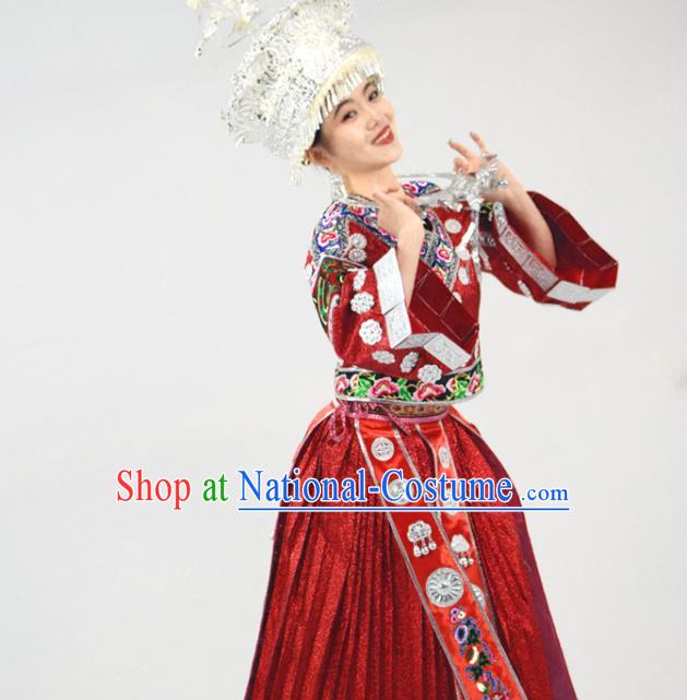 Chinese Miao Nationality Bride Clothing Hmong Minority Red Dress Ethnic Wedding Garment Outfits and Silver Hat