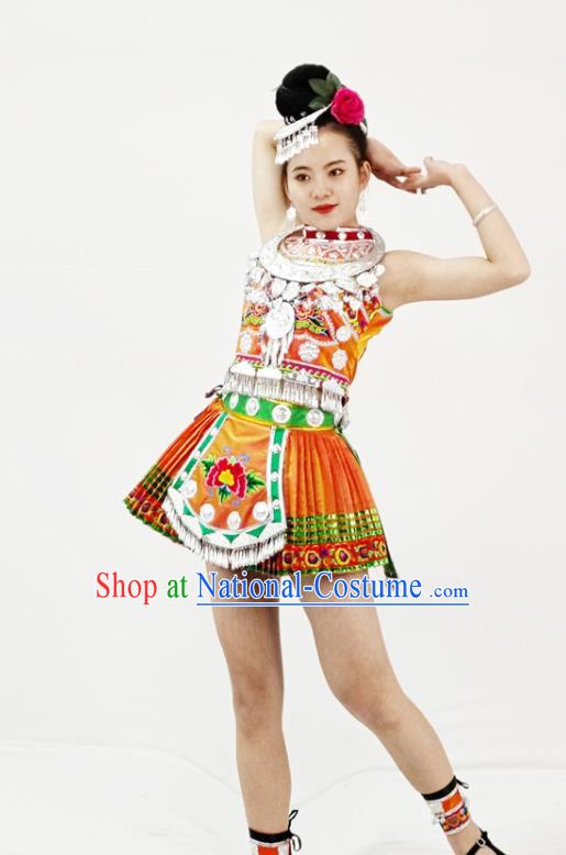 Chinese Ethnic Folk Dance Garment Outfits Yi Nationality Performance Clothing Tujia Minority Orange Short Dress