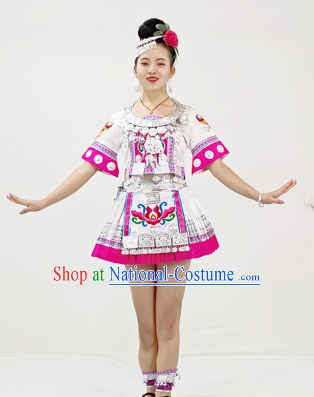 Chinese Tujia Minority White Short Dress Ethnic Folk Dance Garment Outfits Yi Nationality Performance Clothing