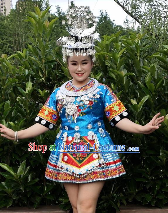 Chinese Xiangxi Minority Blue Short Dress Ethnic Folk Dance Garment Outfits Miao Nationality Performance Clothing