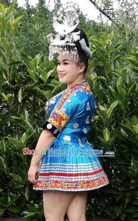 Chinese Xiangxi Minority Blue Short Dress Ethnic Folk Dance Garment Outfits Miao Nationality Performance Clothing