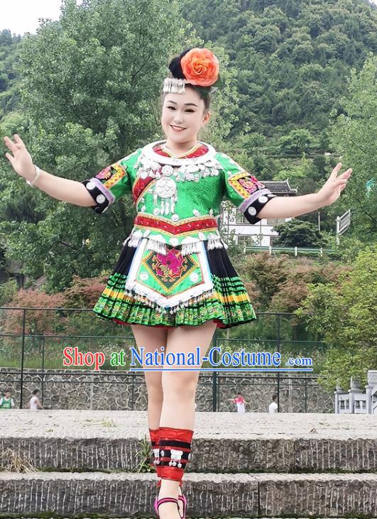 Chinese Miao Nationality Performance Clothing Xiangxi Minority Green Short Dress Ethnic Folk Dance Garment Outfits