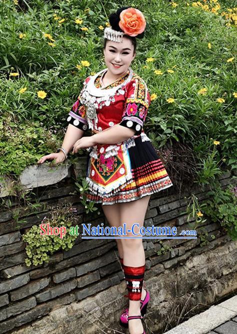 Chinese Ethnic Folk Dance Garment Outfits Miao Nationality Performance Clothing Xiangxi Minority Red Short Dress