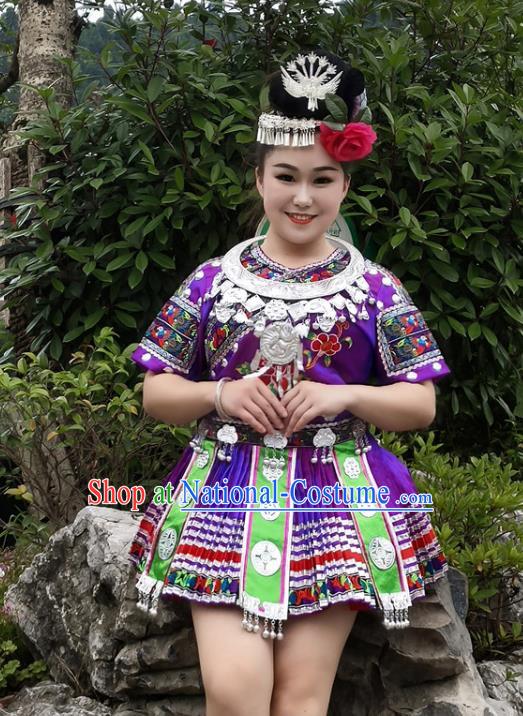 Chinese Hmong Minority Purple Short Dress Ethnic Folk Dance Garment Outfits Miao Nationality Performance Clothing