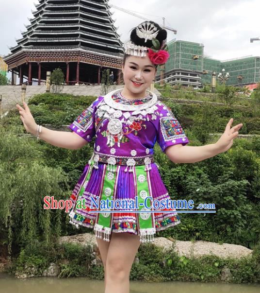 Chinese Hmong Minority Purple Short Dress Ethnic Folk Dance Garment Outfits Miao Nationality Performance Clothing