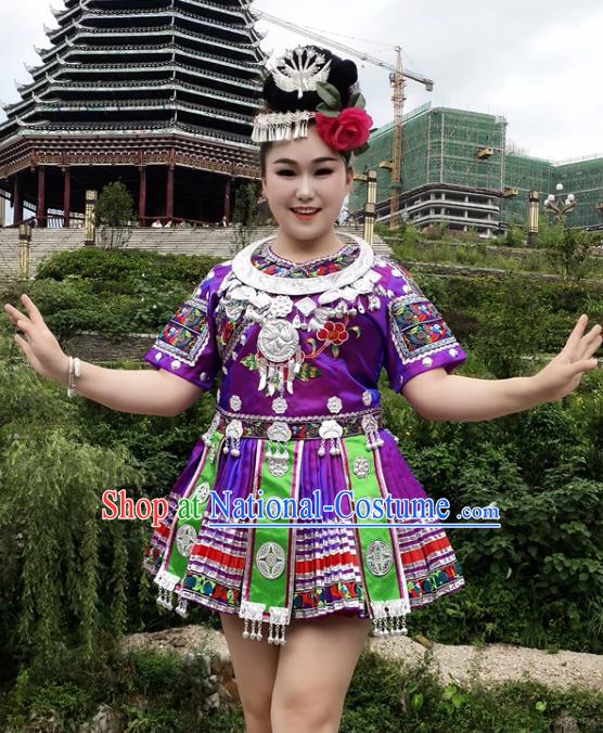 Chinese Hmong Minority Purple Short Dress Ethnic Folk Dance Garment Outfits Miao Nationality Performance Clothing