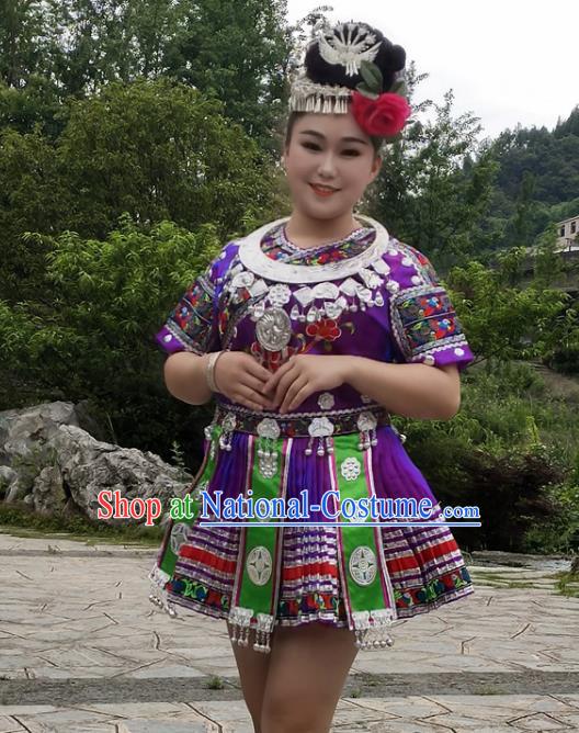 Chinese Hmong Minority Purple Short Dress Ethnic Folk Dance Garment Outfits Miao Nationality Performance Clothing