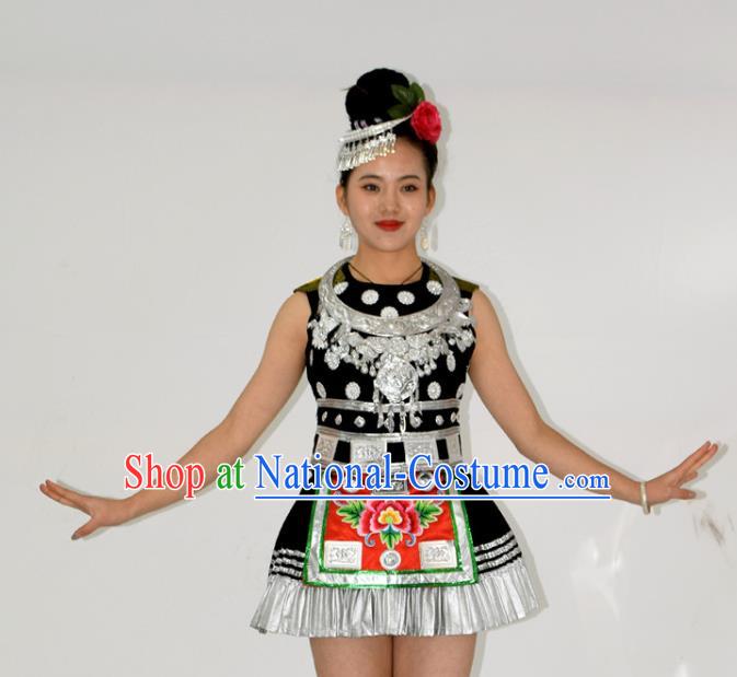 Chinese Miao Minority Dance Black Short Dress Outfits Ethnic Garment Dong Nationality Stage Performance Clothing and Headpieces