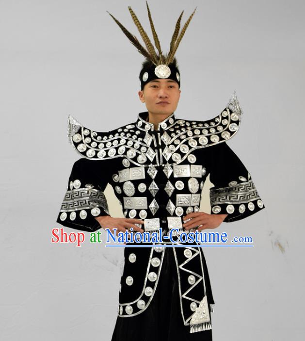 China Traditional Hmong Ethnic Male Festival Clothing Miao Nationality Stage Performance Garment Costume and Headwear