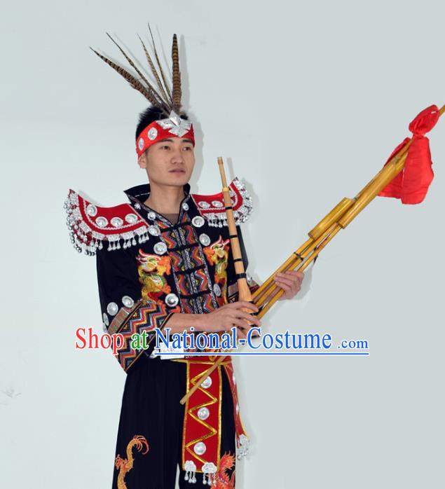 China Miao Nationality Festival Garment Costume Traditional Hmong Ethnic Male Performance Clothing and Headwear