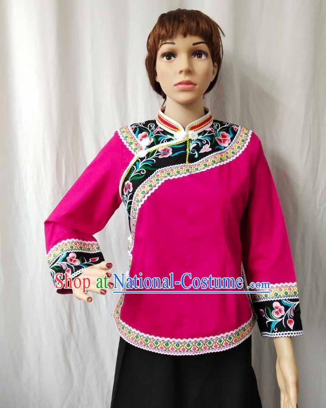 Chinese Bouyei Minority Embroidered Rosy Shirt Guizhou Ethnic Woman Upper Outer Garment Puyi Nationality Blouse Clothing