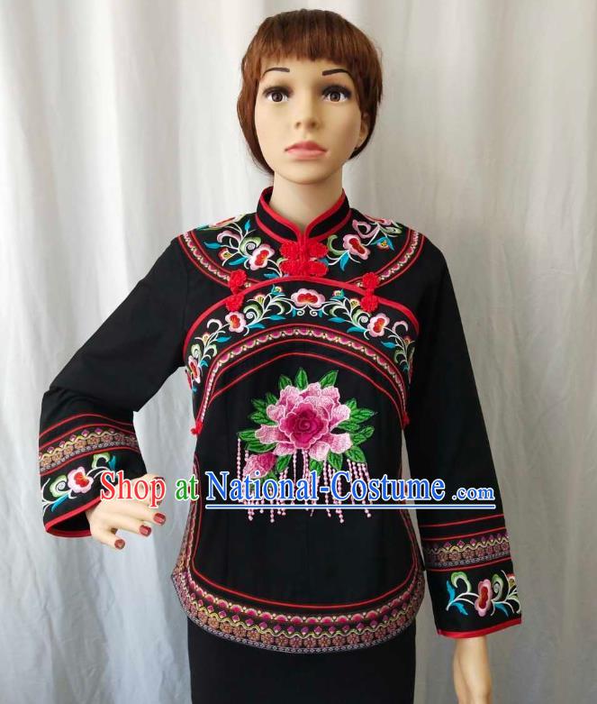 Chinese Guizhou Minority Embroidered Peony Black Shirt Clothing Puyi Nationality Blouse Bouyei Ethnic Woman Top Garment