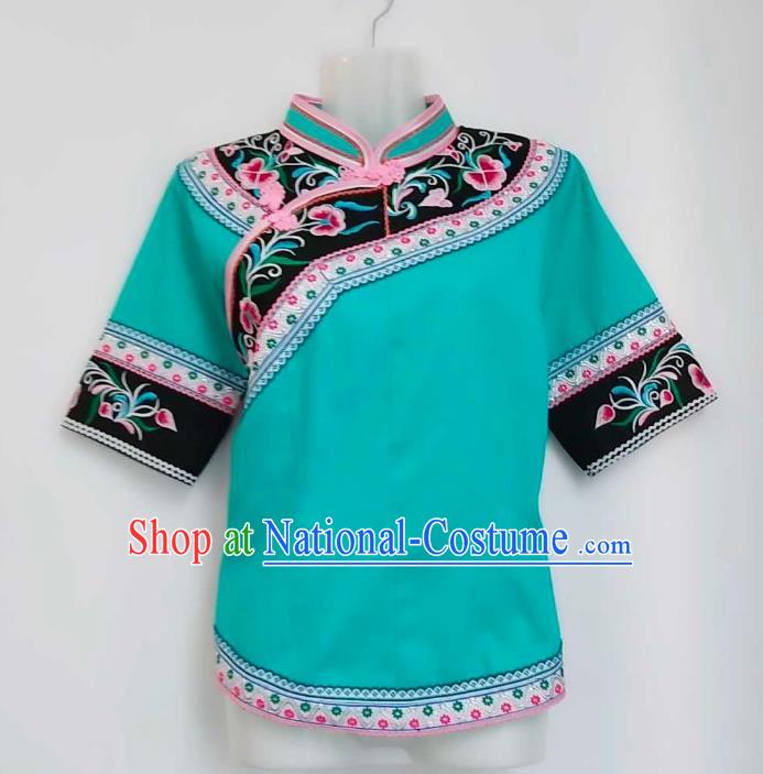 Chinese Ethnic Woman Top Garment Guizhou Bouyei Minority Embroidered Green Shirt Clothing Puyi Nationality Blouse