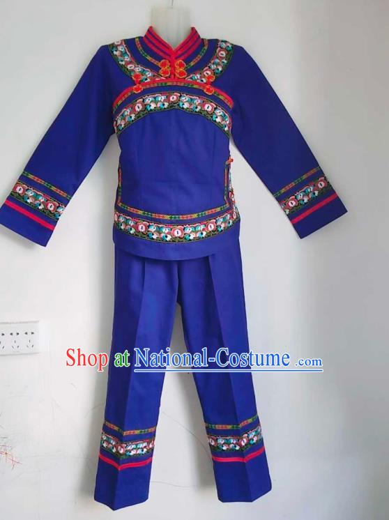 Chinese Yunnan Bouyei Ethnic Female Clothing Traditional Puyi Nationality Embroidered Blue Blouse and Pants Suits