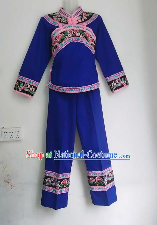 Chinese Traditional Puyi Nationality Embroidered Blue Blouse and Pants Suits Yunnan Bouyei Ethnic Female Clothing