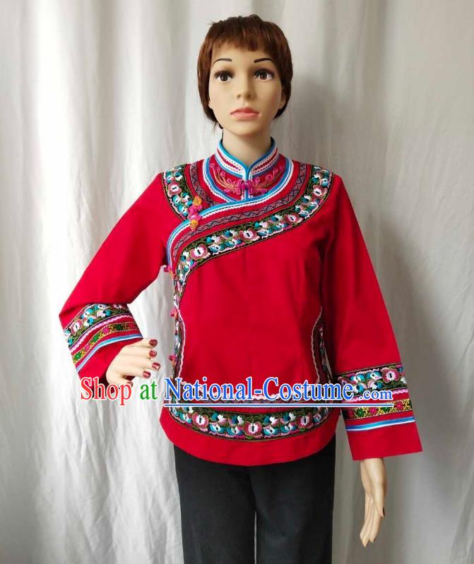 Chinese Guizhou Ethnic Woman Upper Outer Garment Puyi Nationality Blouse Clothing Bouyei Minority Embroidered Red Shirt