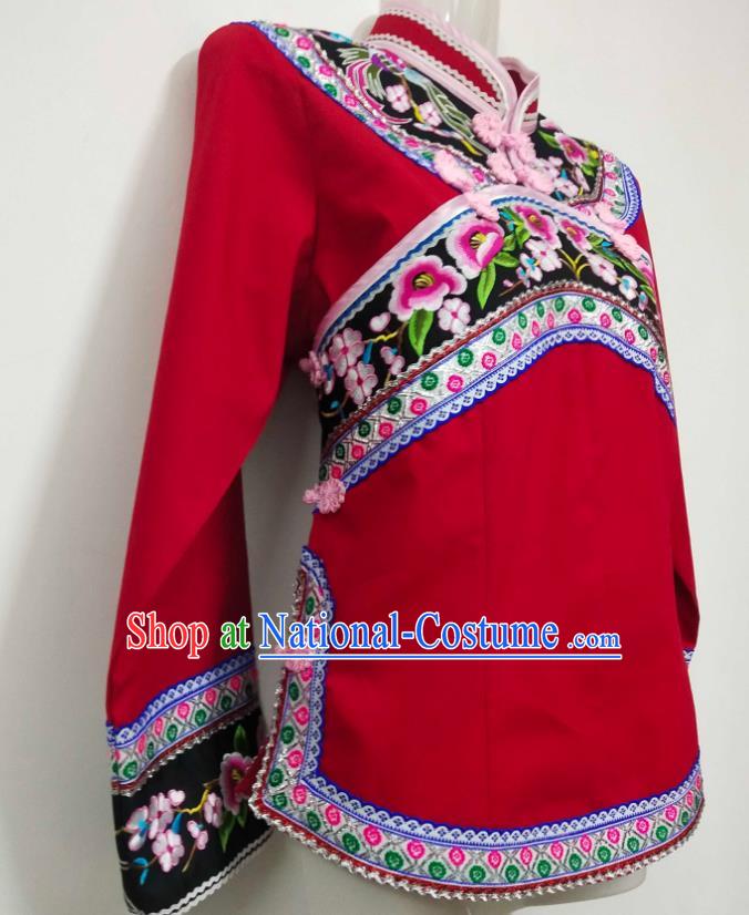 Chinese Bouyei Nationality Red Blouse Ethnic Woman Embroidered Top Garment Guizhou Minority Shirt Clothing