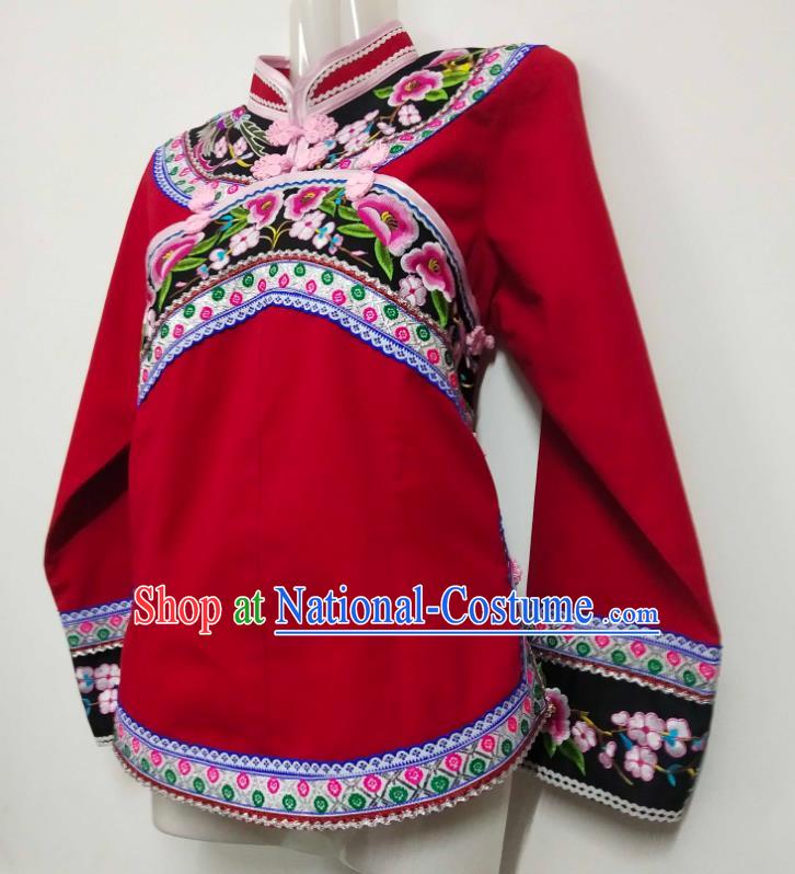 Chinese Bouyei Nationality Red Blouse Ethnic Woman Embroidered Top Garment Guizhou Minority Shirt Clothing