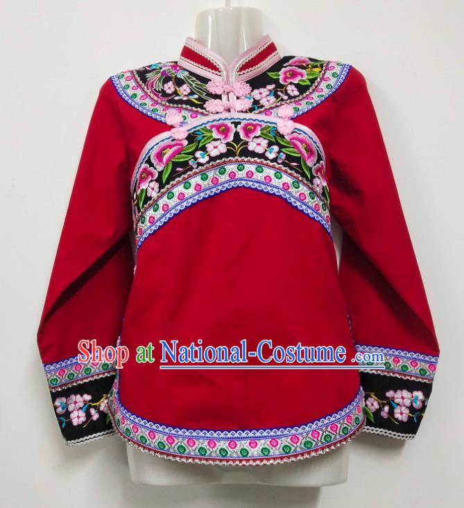 Chinese Bouyei Nationality Red Blouse Ethnic Woman Embroidered Top Garment Guizhou Minority Shirt Clothing