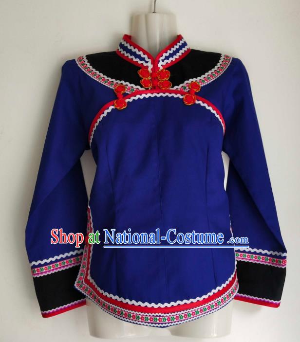 Chinese Guizhou Minority Ethnic Shirt Clothing Bouyei Nationality Blue Blouse Woman Tang Suit Top Garment