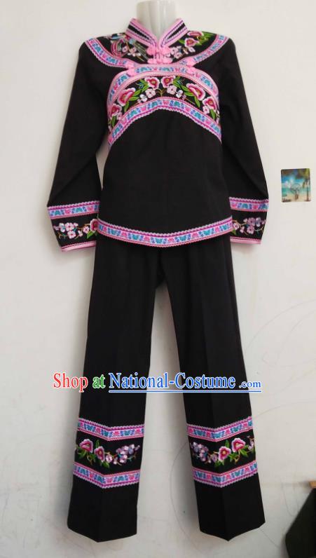 Chinese Traditional Bouyei Nationality Embroidered Black Blouse and Pants Suits Guizhou Ethnic Folk Dance Clothing