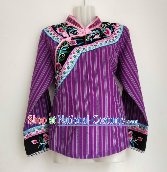 Chinese Woman Tang Suit Top Garment Guizhou Minority Ethnic Shirt Clothing Bouyei Nationality Purple Blouse