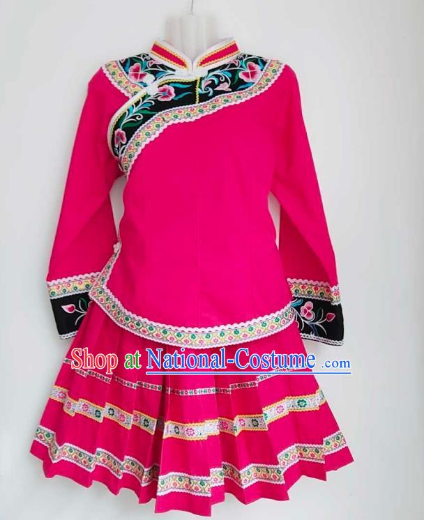 Chinese Traditional Guizhou Ethnic Folk Dance Suits Clothing Bouyei Nationality Embroidered Rosy Blouse and Skirt