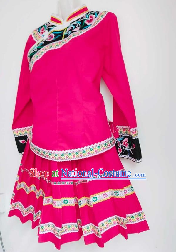 Chinese Traditional Guizhou Ethnic Folk Dance Suits Clothing Bouyei Nationality Embroidered Rosy Blouse and Skirt