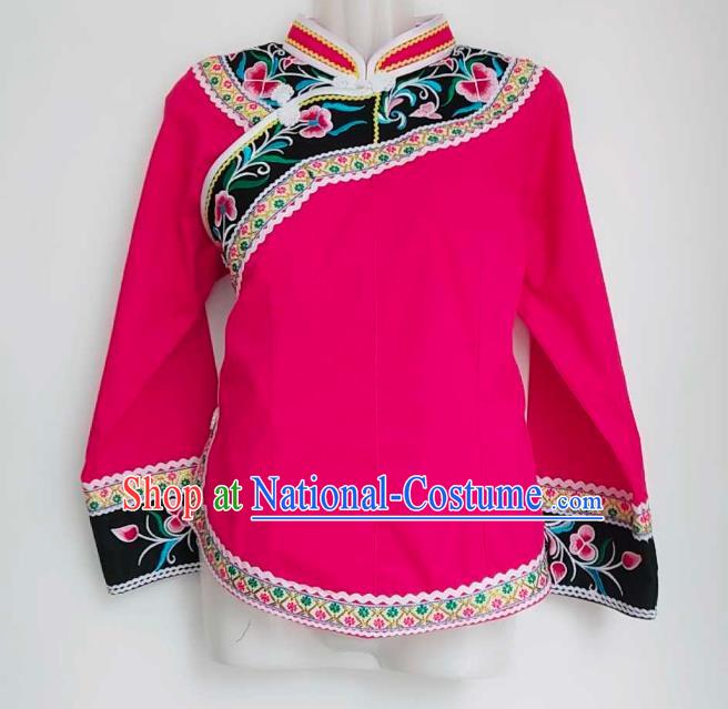 Chinese Traditional Guizhou Ethnic Folk Dance Suits Clothing Bouyei Nationality Embroidered Rosy Blouse and Skirt