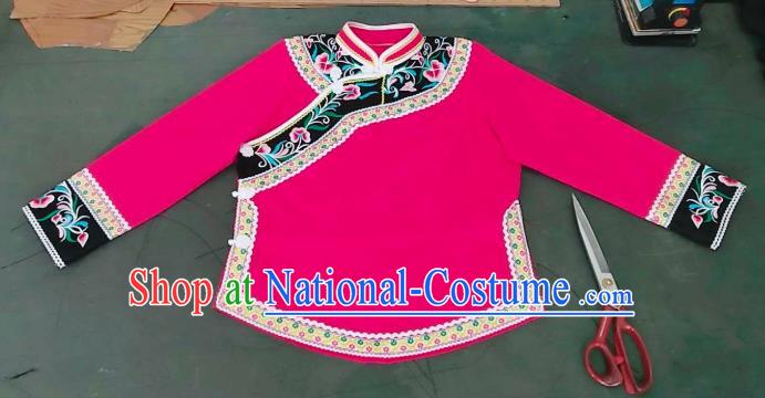 Chinese Traditional Guizhou Ethnic Folk Dance Suits Clothing Bouyei Nationality Embroidered Rosy Blouse and Skirt