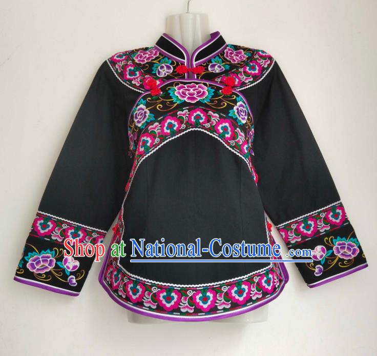 Chinese Ethnic Folk Dance Embroidered Shirt Clothing Bouyei Nationality Black Blouse Guizhou Minority Woman Top Garment