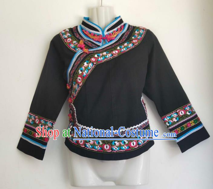 Chinese Guangxi Minority Woman Top Garment Ethnic Folk Dance Embroidered Shirt Clothing Zhuang Nationality Black Blouse