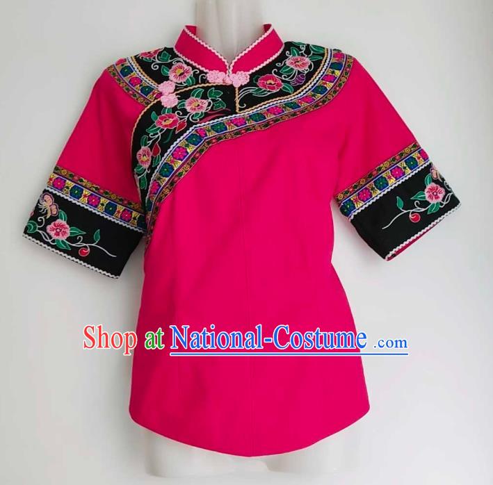 Chinese Bouyei Nationality Blouse Woman Short Sleeve Top Garment Ethnic Embroidered Rosy Shirt Clothing