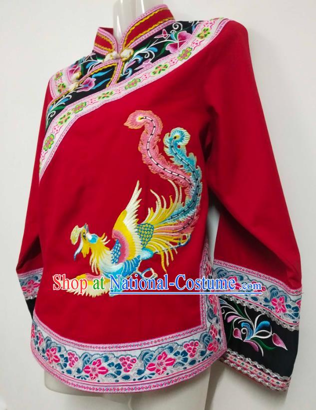 Chinese Bride Embroidered Phoenix Red Top Garment Guizhou Ethnic Clothing Bouyei Nationality Wedding Blouse