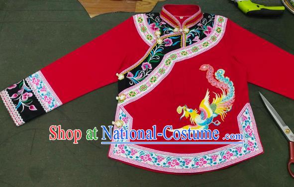 Chinese Bride Embroidered Phoenix Red Top Garment Guizhou Ethnic Clothing Bouyei Nationality Wedding Blouse