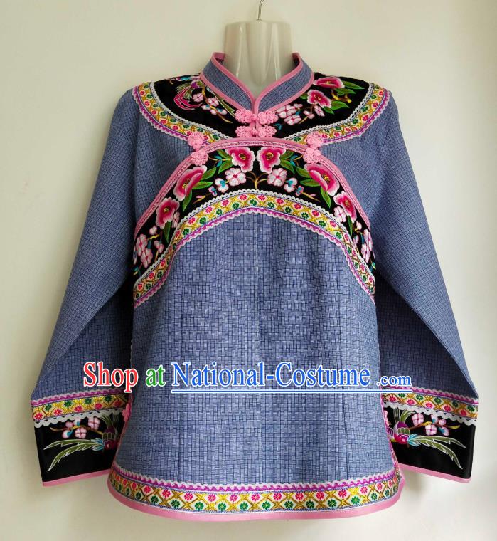 Chinese Bouyei Nationality Folk Dance Blouse Embroidered Blue Top Garment Guizhou Ethnic Female Clothing