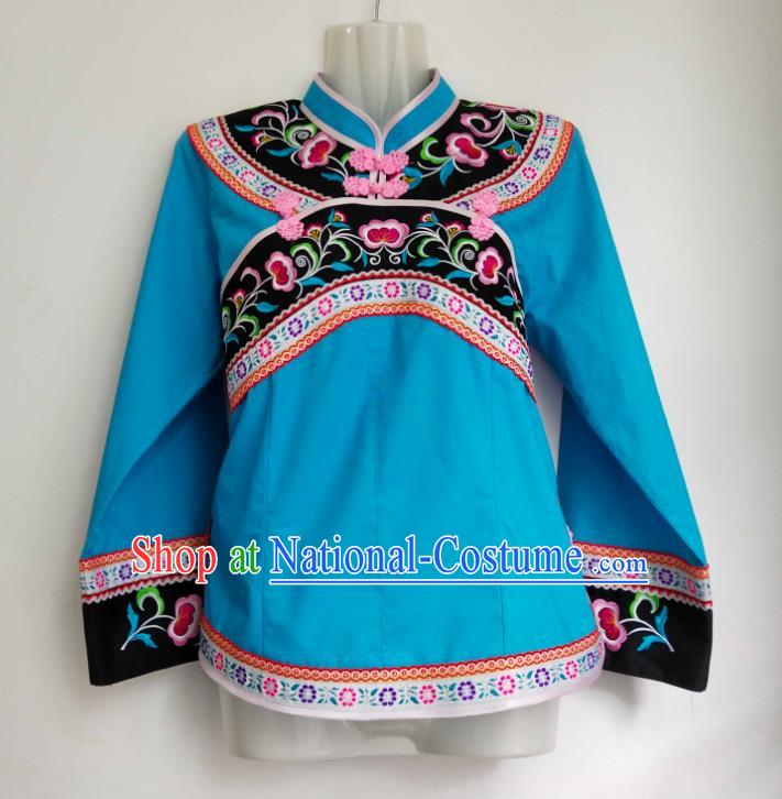 Chinese Guizhou Ethnic Performance Clothing Bouyei Nationality Woman Blouse Embroidered Blue Top Garment