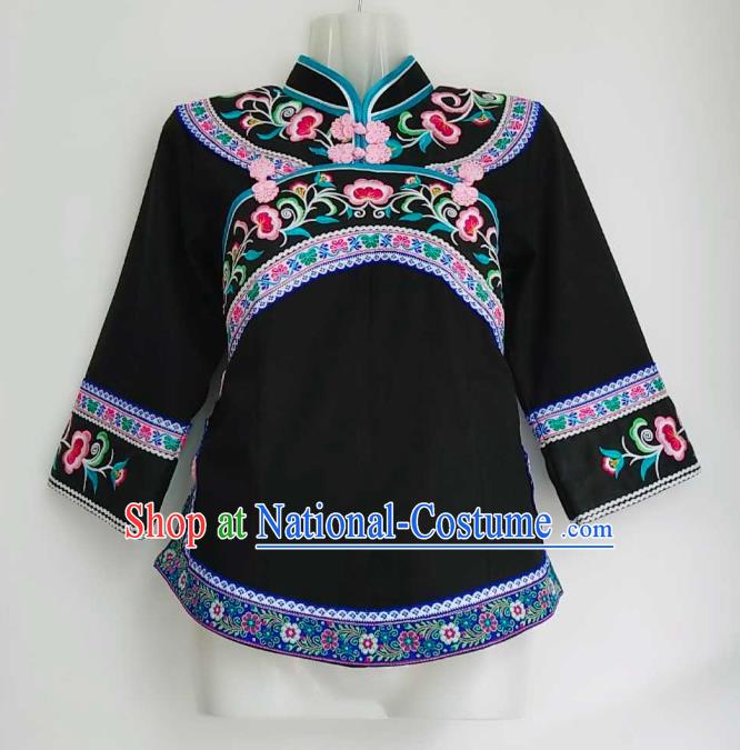 Chinese Bouyei Nationality Embroidered Black Blouse Guizhou Ethnic Dance Top Garment Clothing