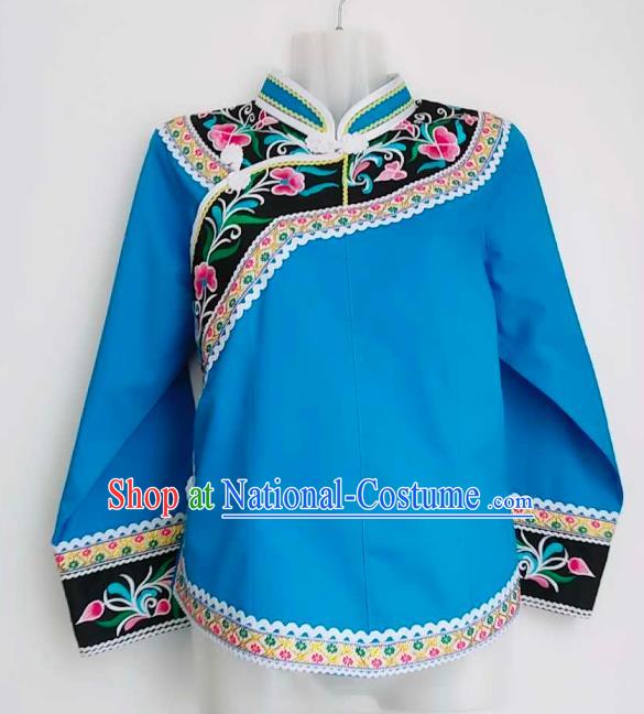 Chinese Ethnic Stage Performance Top Wear Bouyei Nationality Embroidered Blue Blouse Guizhou Minority Garment Clothing