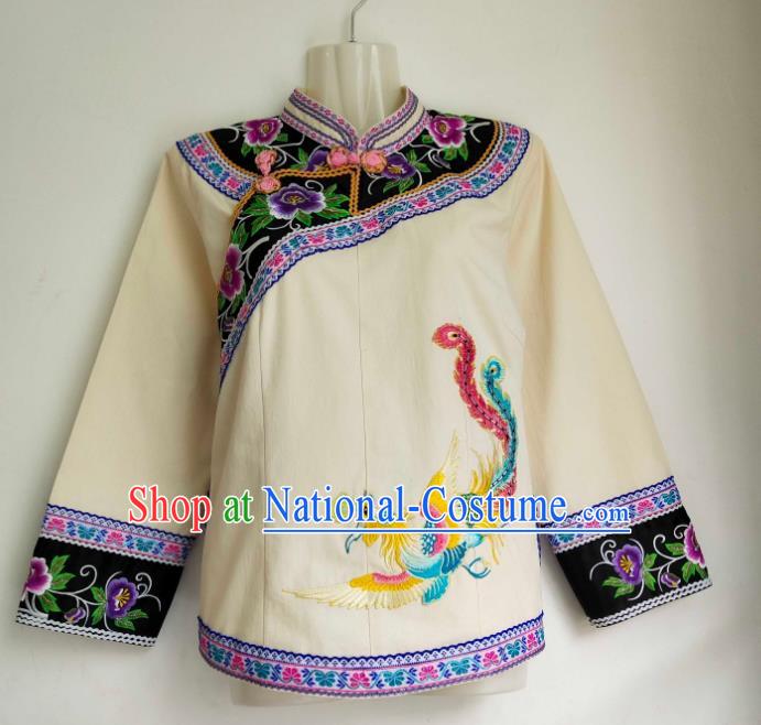 Chinese Bouyei Nationality Embroidered Phoenix Beige Blouse Ethnic Garment Guizhou Minority Top Wear