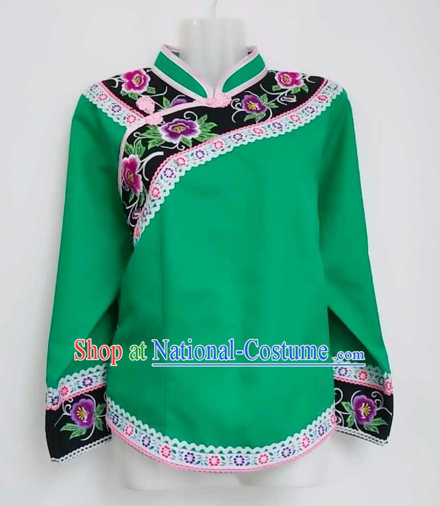 Chinese Folk Dance Top Garment Guizhou Minority Ethnic Dance Wear Bouyei Nationality Embroidered Green Blouse