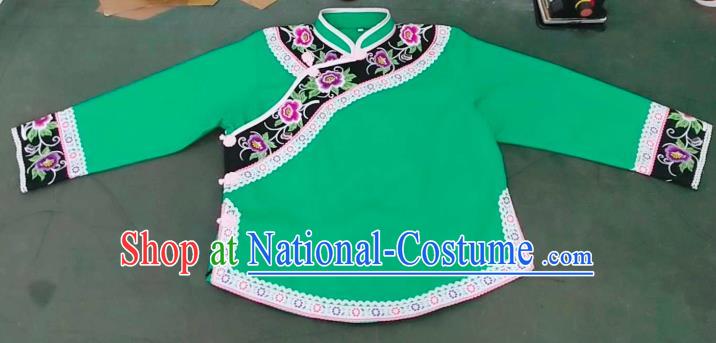 Chinese Folk Dance Top Garment Guizhou Minority Ethnic Dance Wear Bouyei Nationality Embroidered Green Blouse