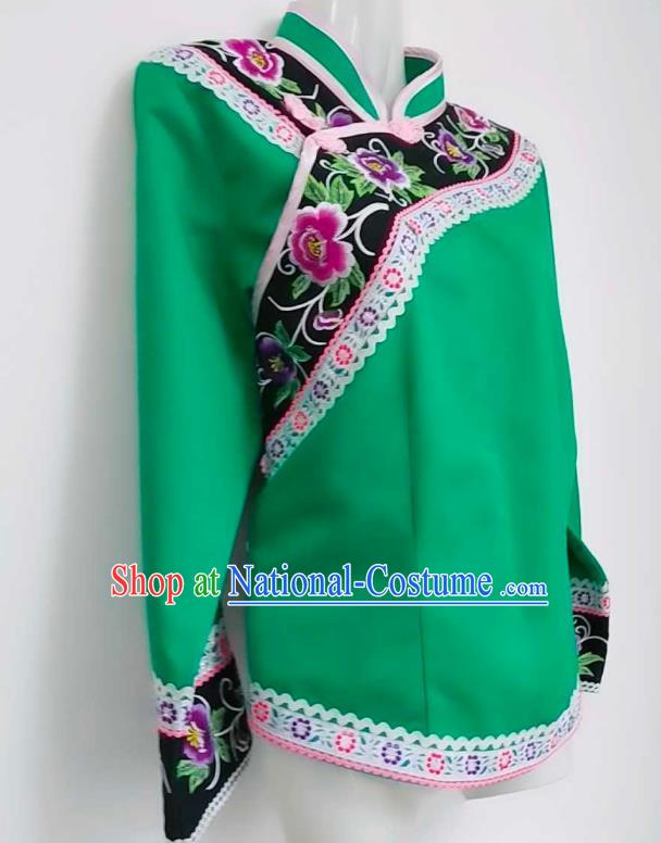 Chinese Folk Dance Top Garment Guizhou Minority Ethnic Dance Wear Bouyei Nationality Embroidered Green Blouse